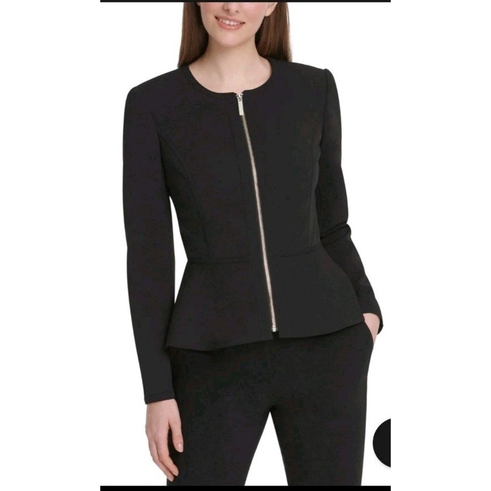 DKNY Womens 8 Black Peplum Full Zip Front Blazer Jacket Lined Modest Minimalist